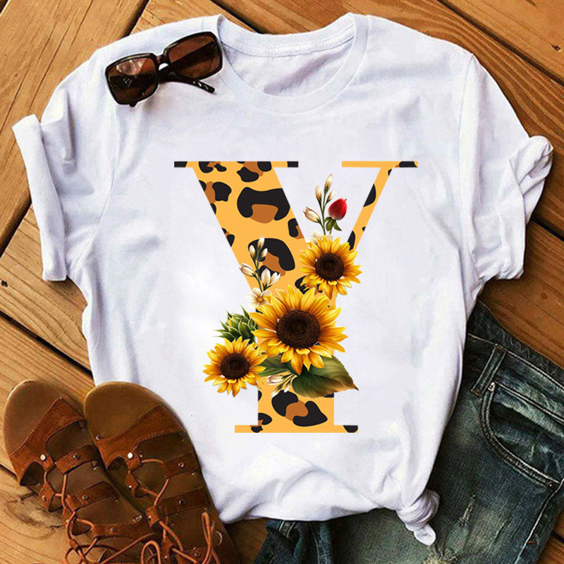 Leopard Sunflower Letter Print T- Shirt