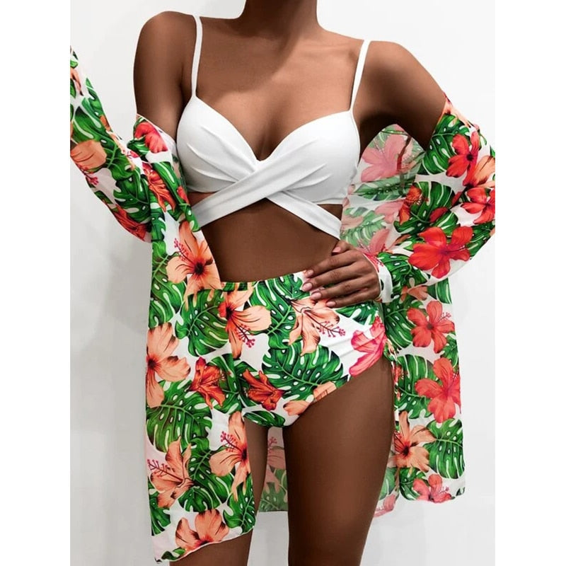 Women Printed High Waist Sexy Bikini And Cover Set - XL
