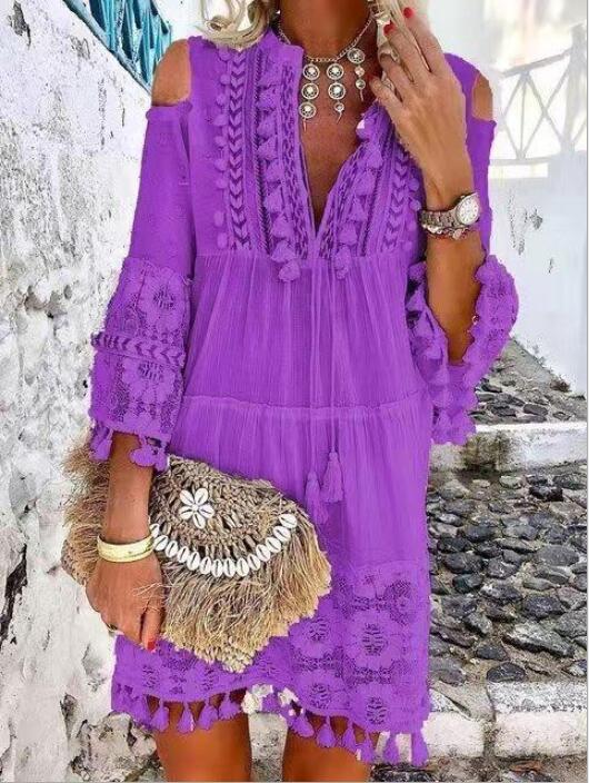 Boho Solid Hollow Out Lace Tassel Long Dress