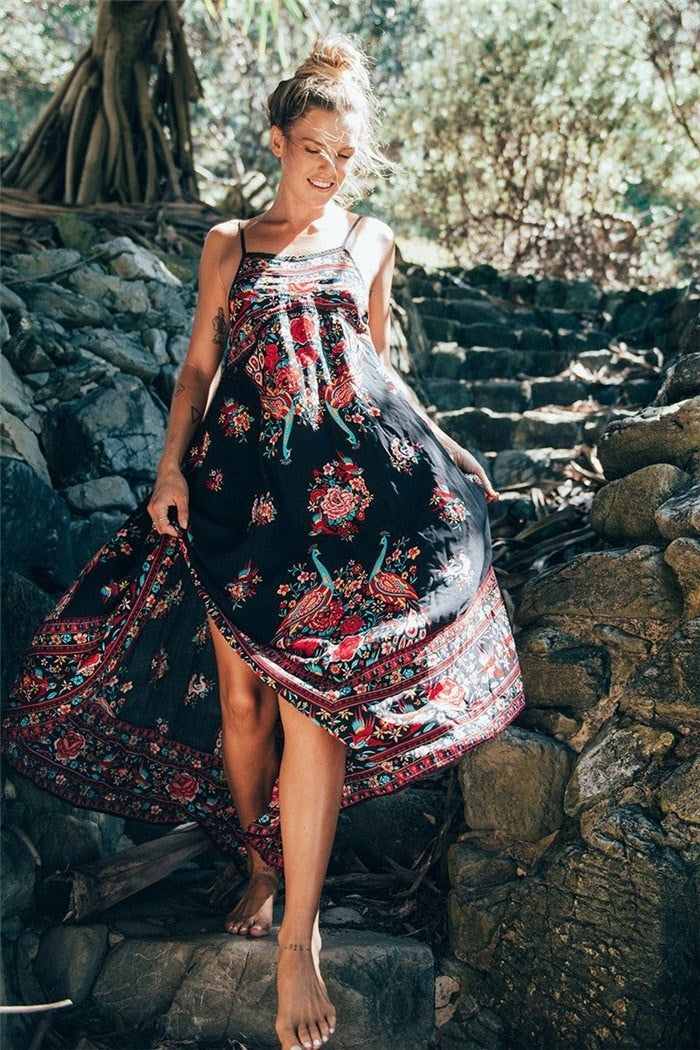 Vintage Peacock Floral Print Sleeveless Maxi Dress Robe