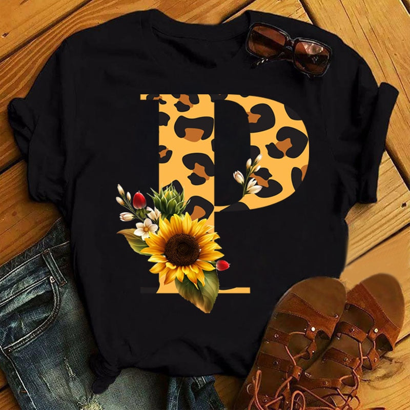Leopard Sunflower Letter Print T- Shirt