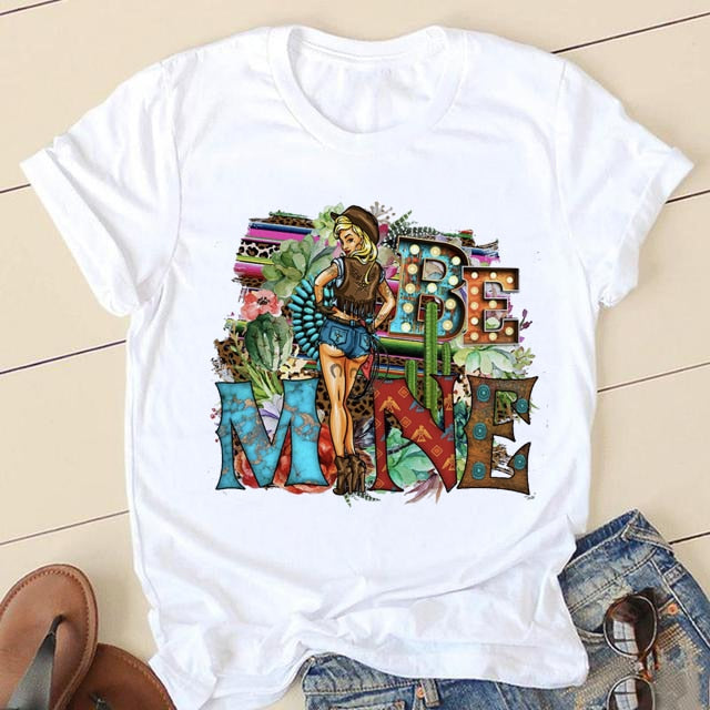 Short Sleeve Love Cartoon Print O-neck T-shirt - size small