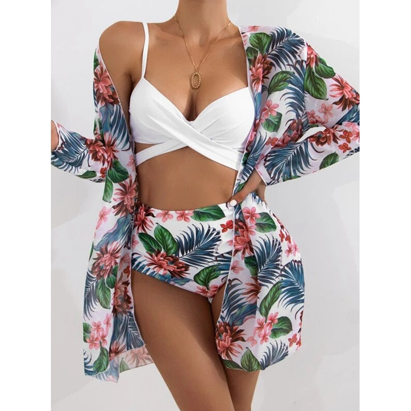 Women Printed High Waist Sexy Bikini And Cover Set - XL