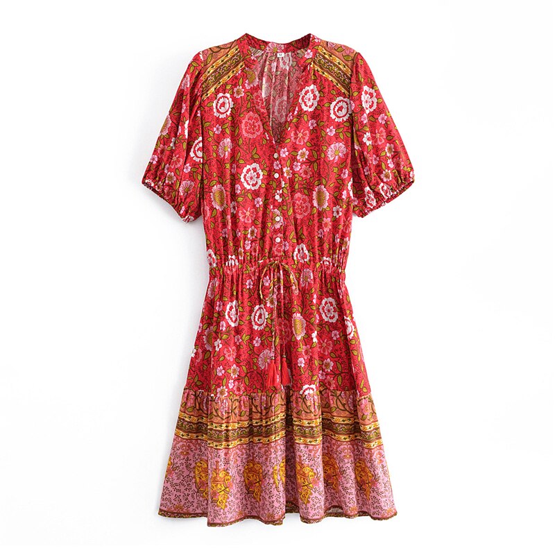 Boho Floral Button V-neck Tassel Happie Maxi Sundress