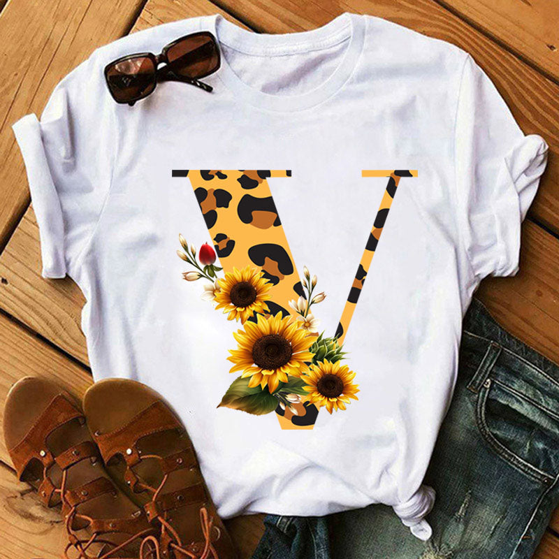 Leopard Sunflower Letter Print T- Shirt