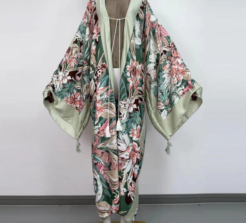Boho Cotton Self Belted Tunic Kimono Wrap Dress