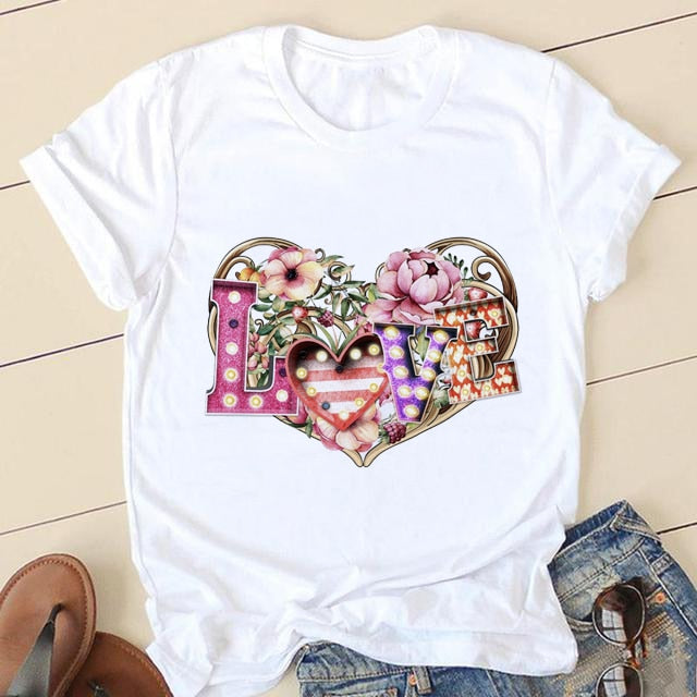 Short Sleeve Love Cartoon Print O-neck T-shirt - size small