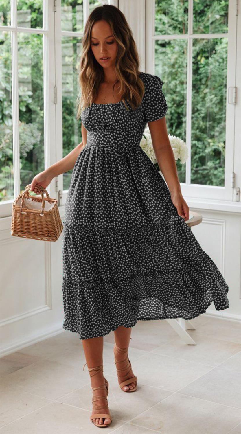 Casual Puff Sleeve Floral Print Long Slim Dress