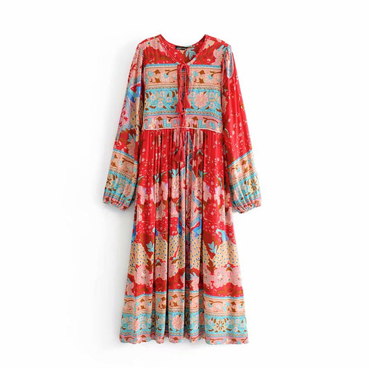 Boho Floral Tassel Rayon Cotton Pleated Maxi Dress