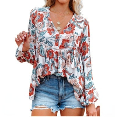 Bohemian V-neck Lantern Sleeve Chiffon Tassel Blouse