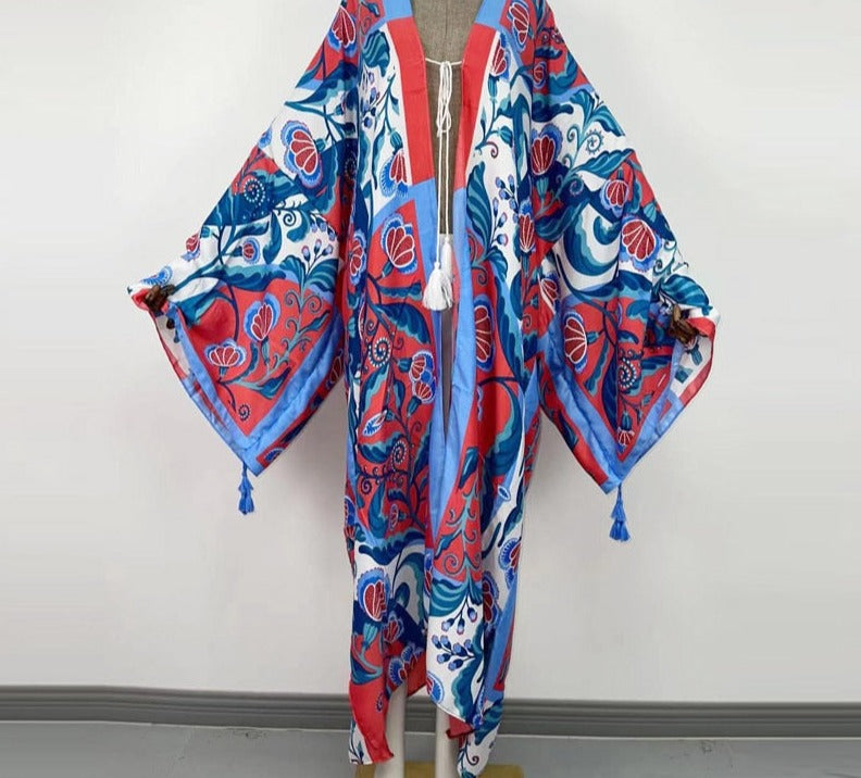 Boho Cotton Self Belted Tunic Kimono Wrap Dress