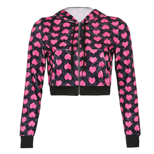 Heart Print Hooded Velvet Cropped Jacket Women Zip Up Cardigan Casual Harajuku Pink Coat Overshirt Sping Autumn 90s Iamhotty - YourStore
