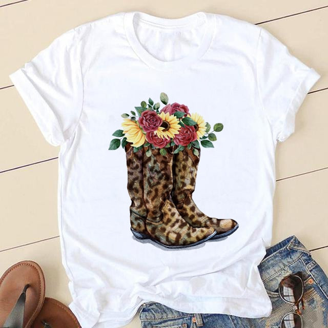 Short Sleeve Love Cartoon Print O-neck T-shirt - size small