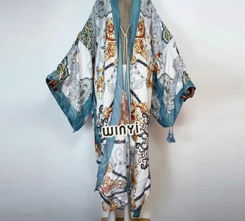 Boho Cotton Self Belted Tunic Kimono Wrap Dress
