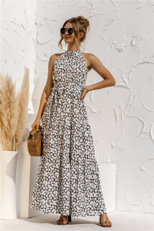 Polka Dot Print Casual Hanging Neck Off-shoulder Swing Dress