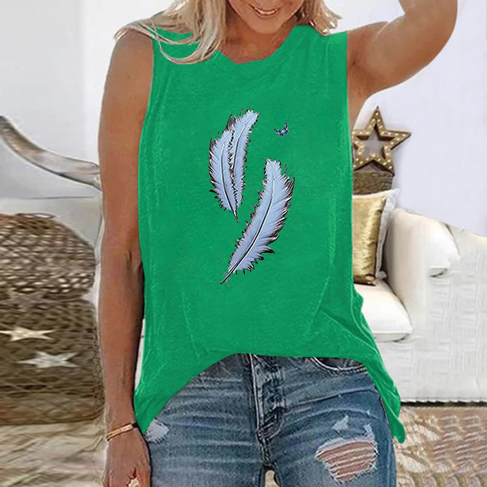 Vintage Feather Print Round Neck Sleeveless Harajuku Tshirt