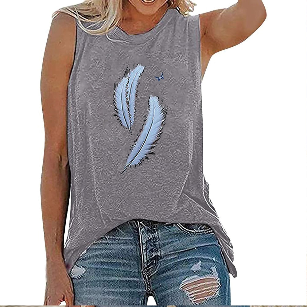 Vintage Feather Print Round Neck Sleeveless Harajuku Tshirt
