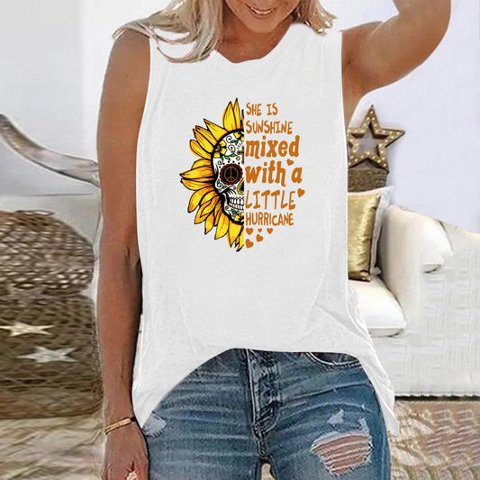 She Is Sunshine Sunflower Skull Funny Graphic Sleeveless Tshirt