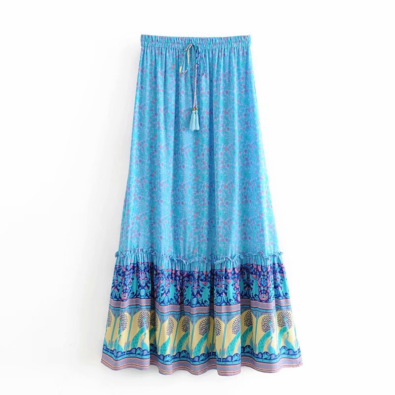 Boho Floral Peacock Print High Elastic Waist Rayon A-Line Skirt