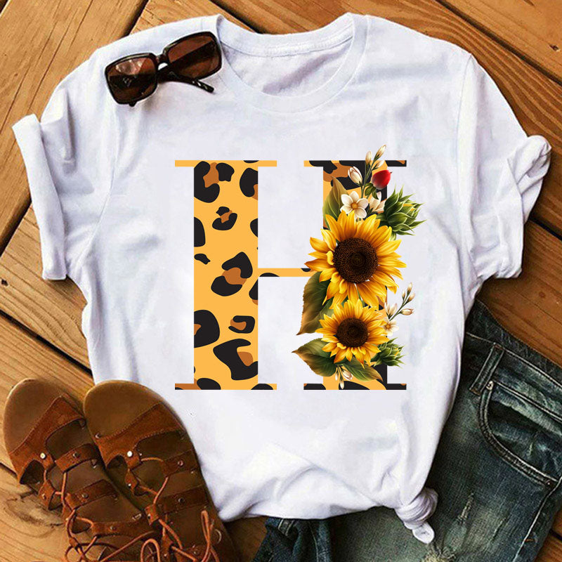Leopard Sunflower Letter Print T- Shirt