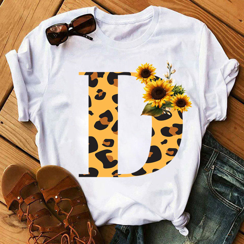 Leopard Sunflower Letter Print T- Shirt