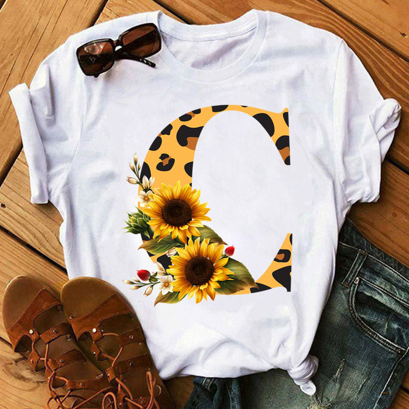 Leopard Sunflower Letter Print T- Shirt