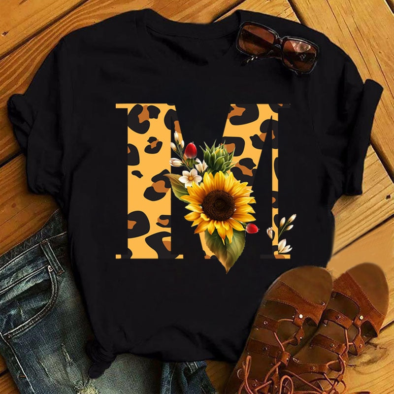Leopard Sunflower Letter Print T- Shirt
