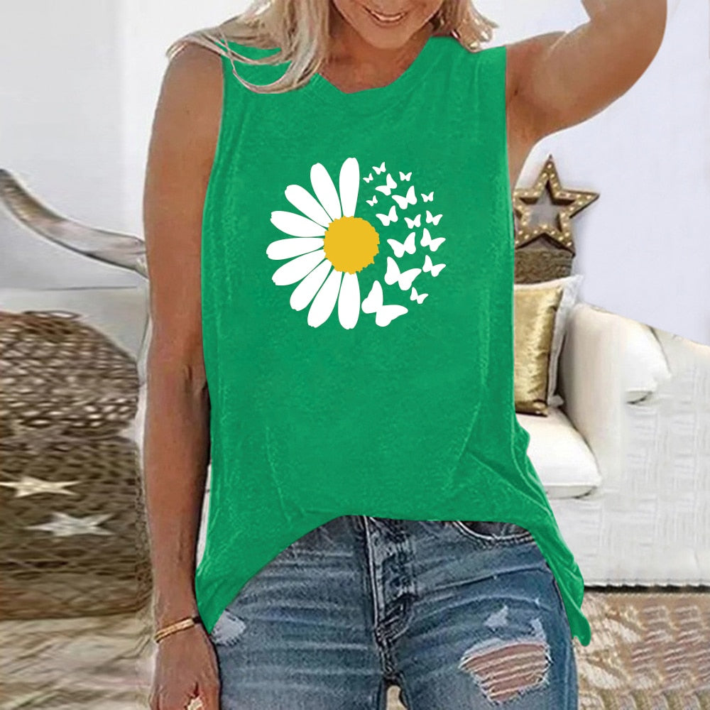 Vintage Flowers Daisy Print Harajuku Sleeveless Tshirt