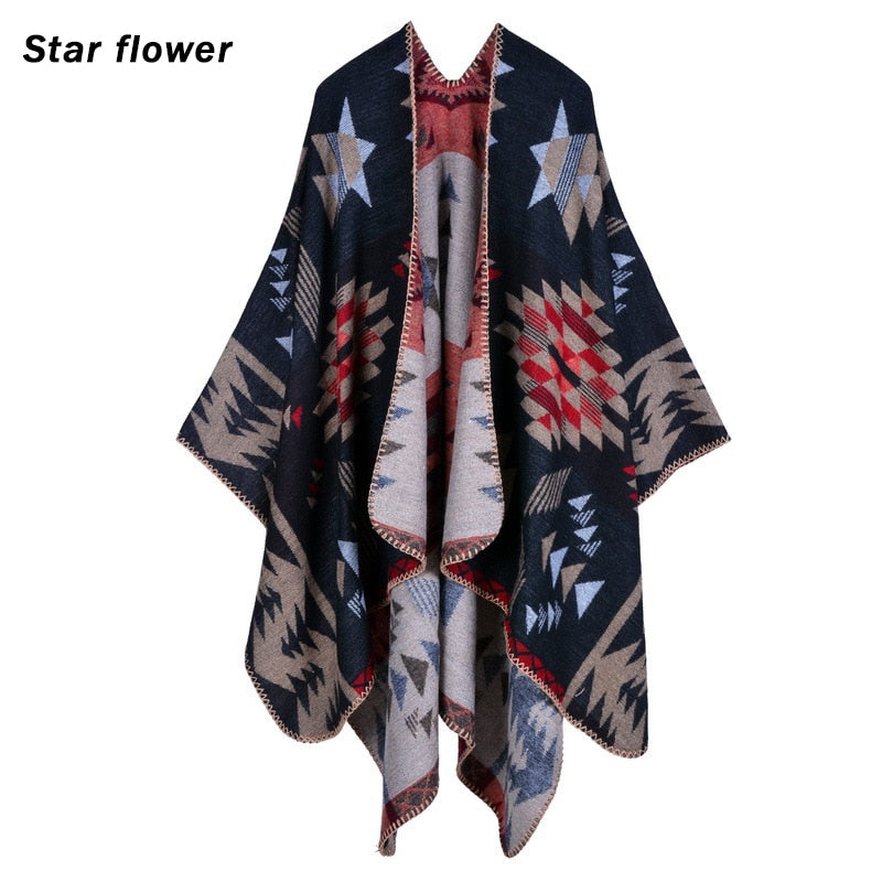 Women Plaid Thick Imitation Poncho Cashmere Cape