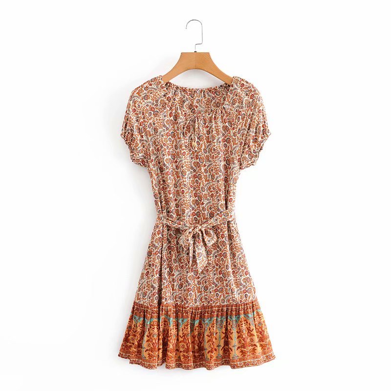 Boho Floral V-neck Casual Short Sleeve Sashes Mini Dress