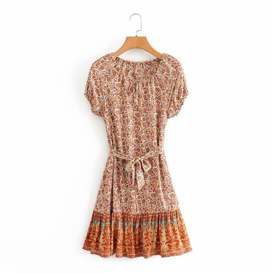 Boho Floral V-neck Casual Short Sleeve Sashes Mini Dress