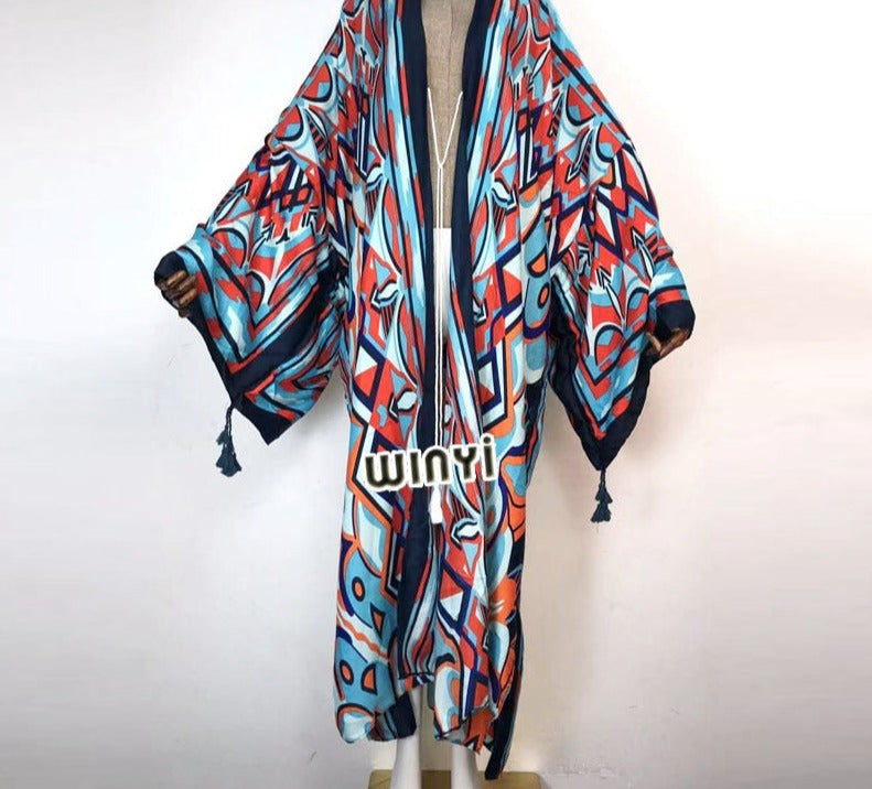 Boho Cotton Self Belted Tunic Kimono Wrap Dress