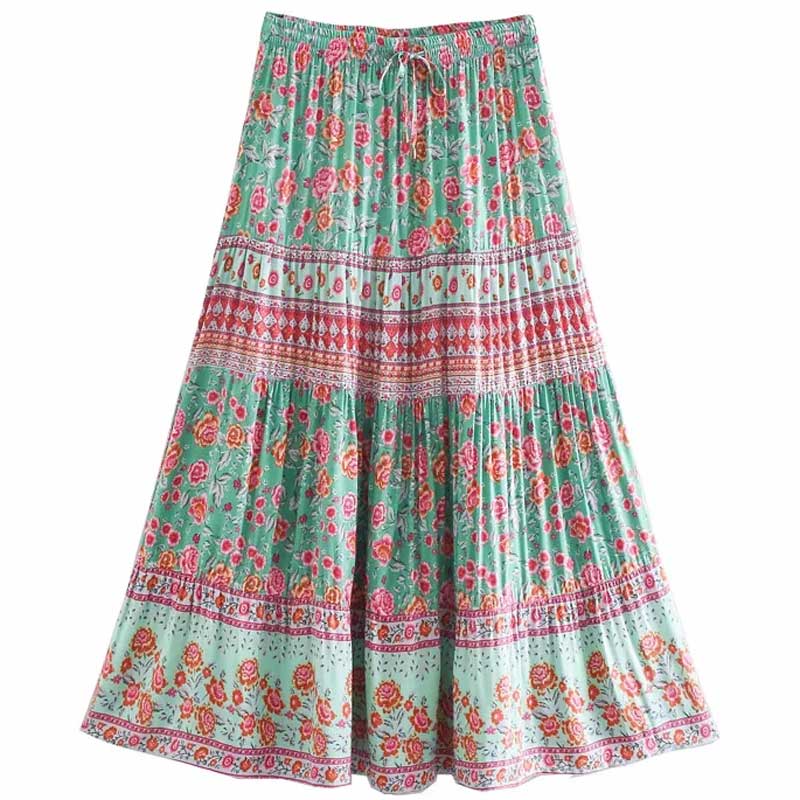 Bohemian Water Floral Cotton Elastic Waist Long Skirt
