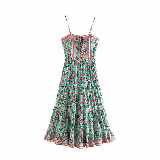 Boho Rose Floral Print Sleeveless Summer Rayon Maxi Dress