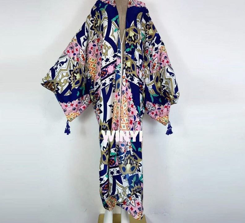 Boho Cotton Self Belted Tunic Kimono Wrap Dress