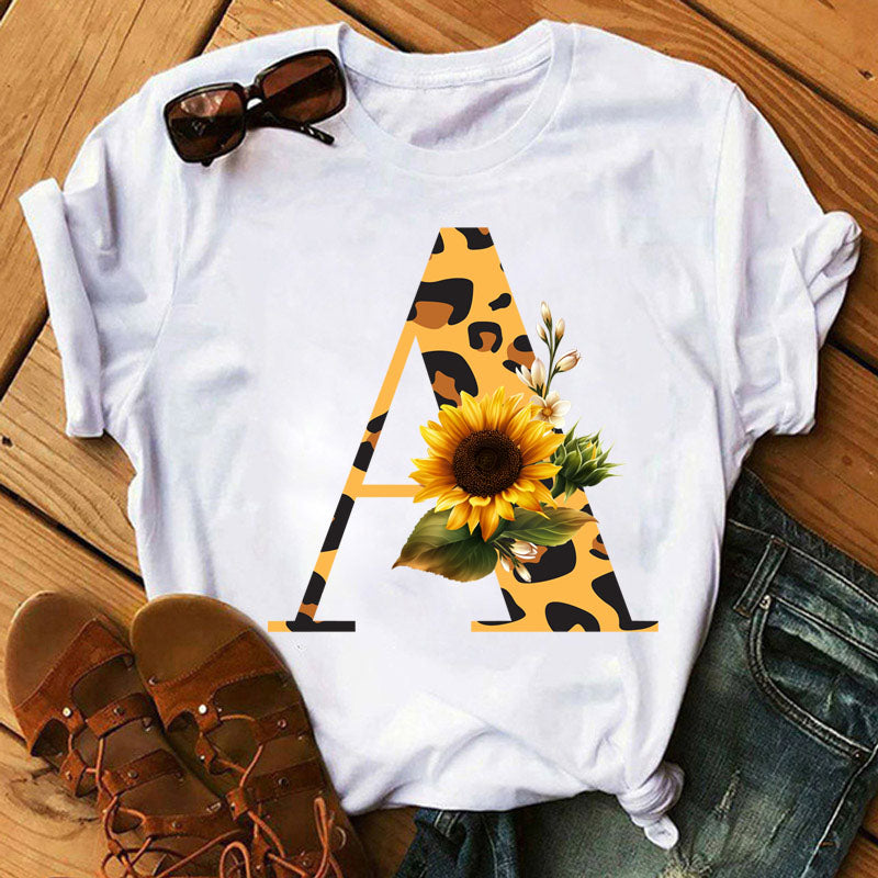 Leopard Sunflower Letter Print T- Shirt