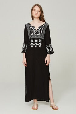 Boho Ethnic Floral Embroidered Rayon Side Slit Chic Dress