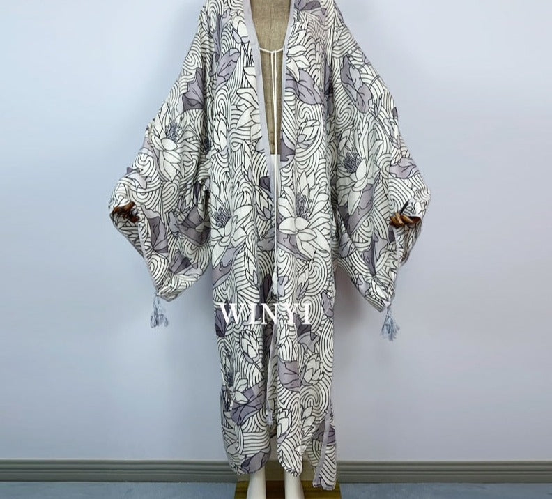 Boho Cotton Self Belted Tunic Kimono Wrap Dress