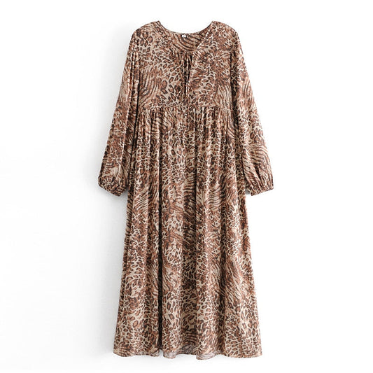 Boho Leopard Print Tie Neck Tassel Rayon Cotton Maxi Dress