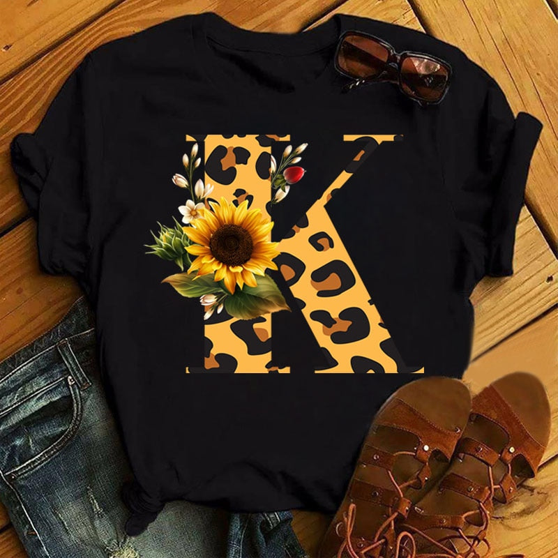 Leopard Sunflower Letter Print T- Shirt