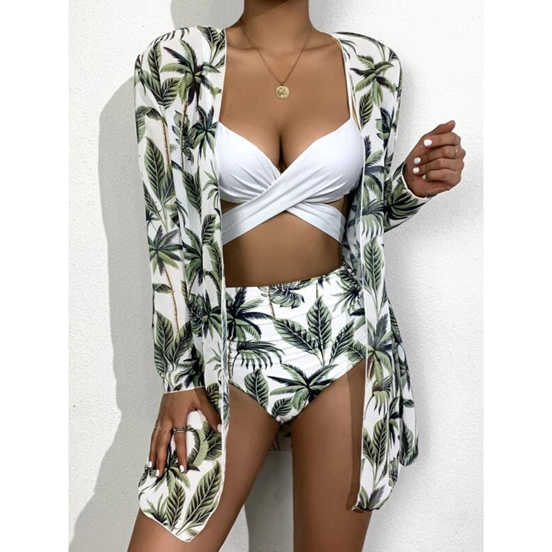 Women Printed High Waist Sexy Bikini And Cover Set - XL