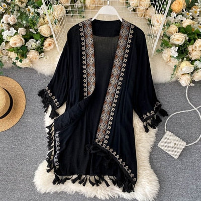 Vintage Embroidered Long Kimono Loose Cardigan