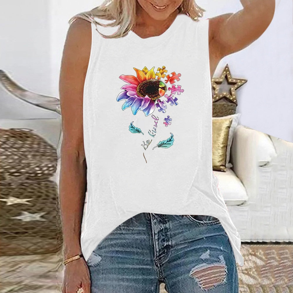 Vintage Flowers Daisy Print Harajuku Sleeveless Tshirt