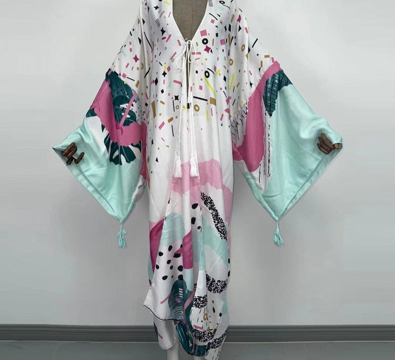 Boho Cotton Self Belted Tunic Kimono Wrap Dress