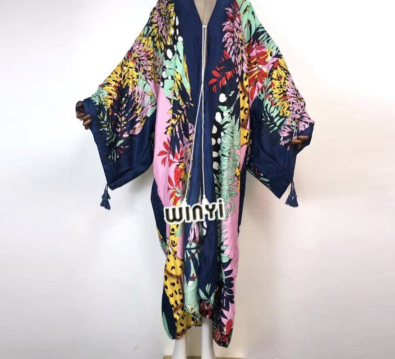 Boho Cotton Self Belted Tunic Kimono Wrap Dress