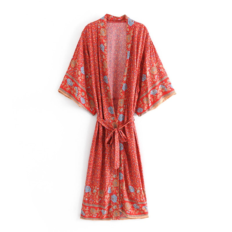 Vintage Floral Print Chic Sashes Kimono Rayon Maxi Robe Cover-up