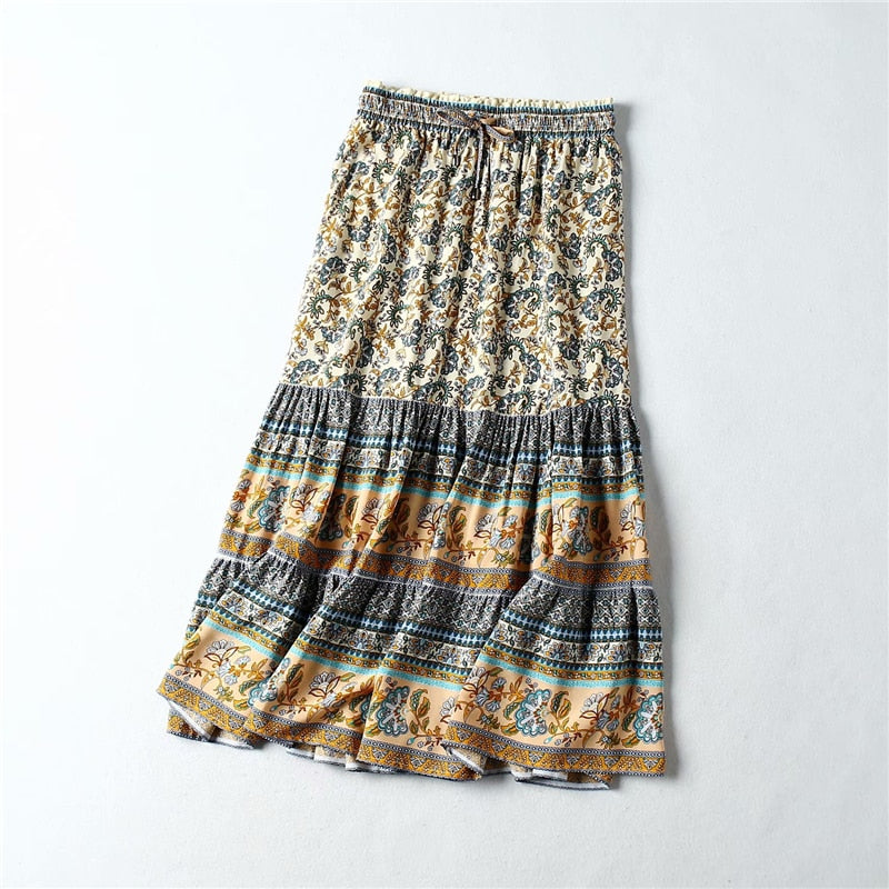 Boho Floral Peacock High Elastic Waist Midi A-Line Skirt