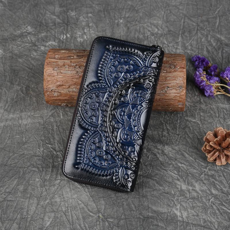 Nature Cow Leather Handmade Floral Phone Purse Card Holder