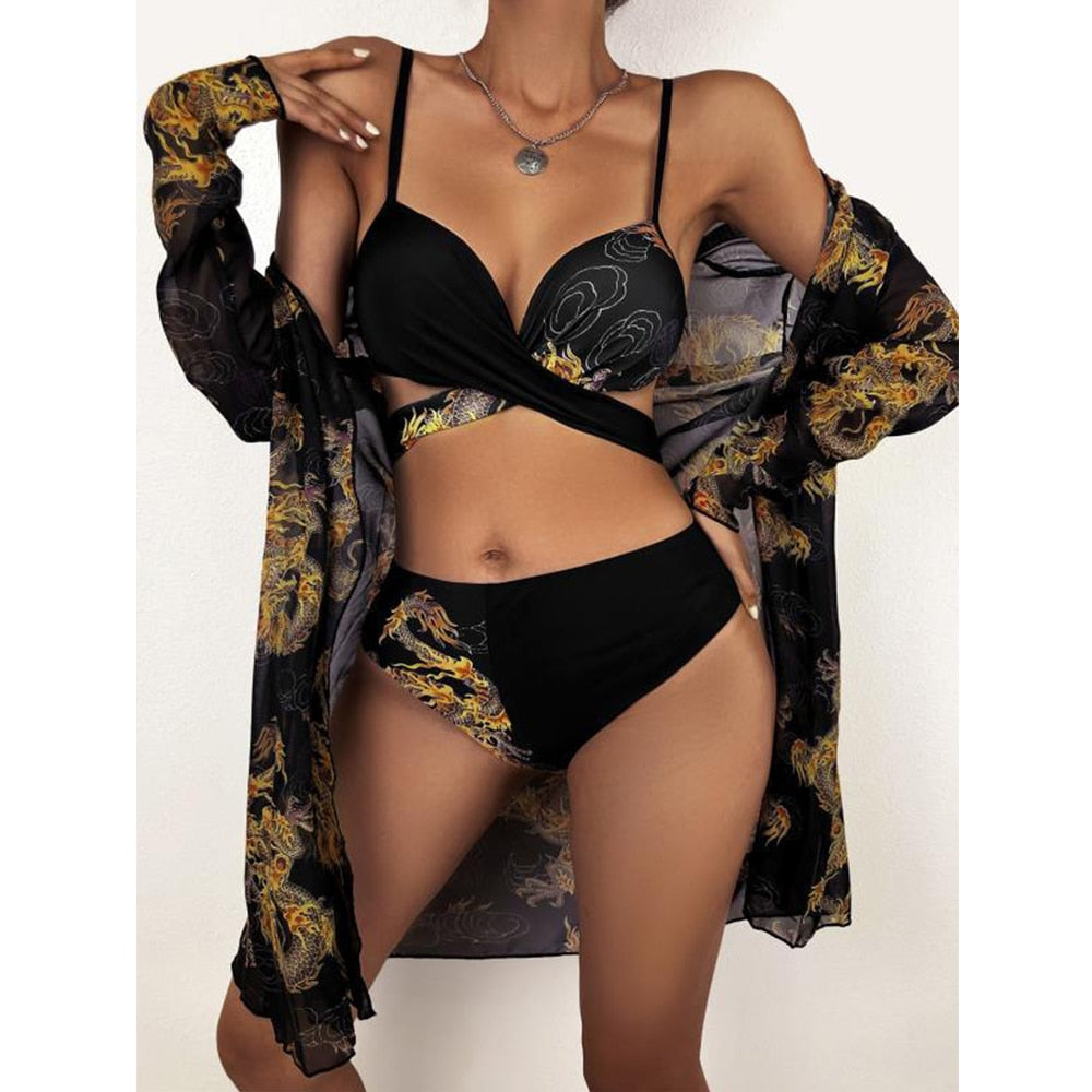 Women Printed High Waist Sexy Bikini And Cover Set - XL