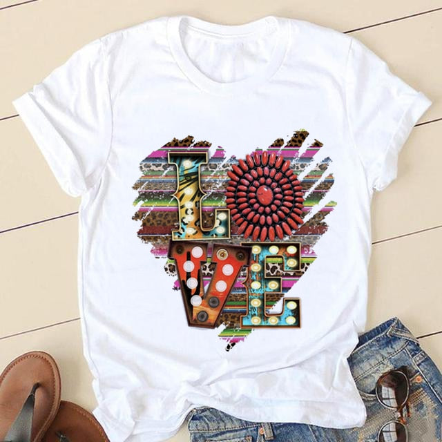 Short Sleeve Love Cartoon Print O-neck T-shirt - size small